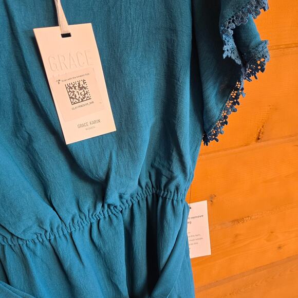 Grace Karin Eyelet Tie Waist Vneck Summer Flutter Sleeve Dress NWT Small - Picture 4 of 5